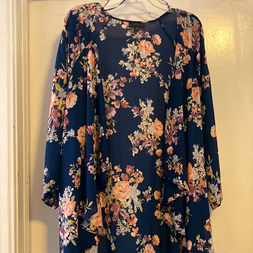 Navy kimono with colorful floral pattern